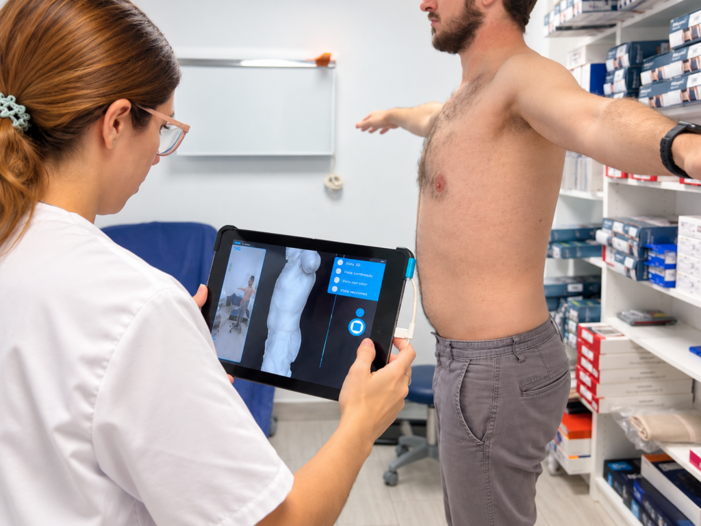 Técnica ortopédica tomando medidas del torso con un escáner 3D y visualizando el modelo en una tablet.
