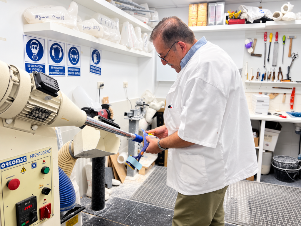 Técnico ortopédico ajustando una ortesis con una fresadora en el taller propio.
