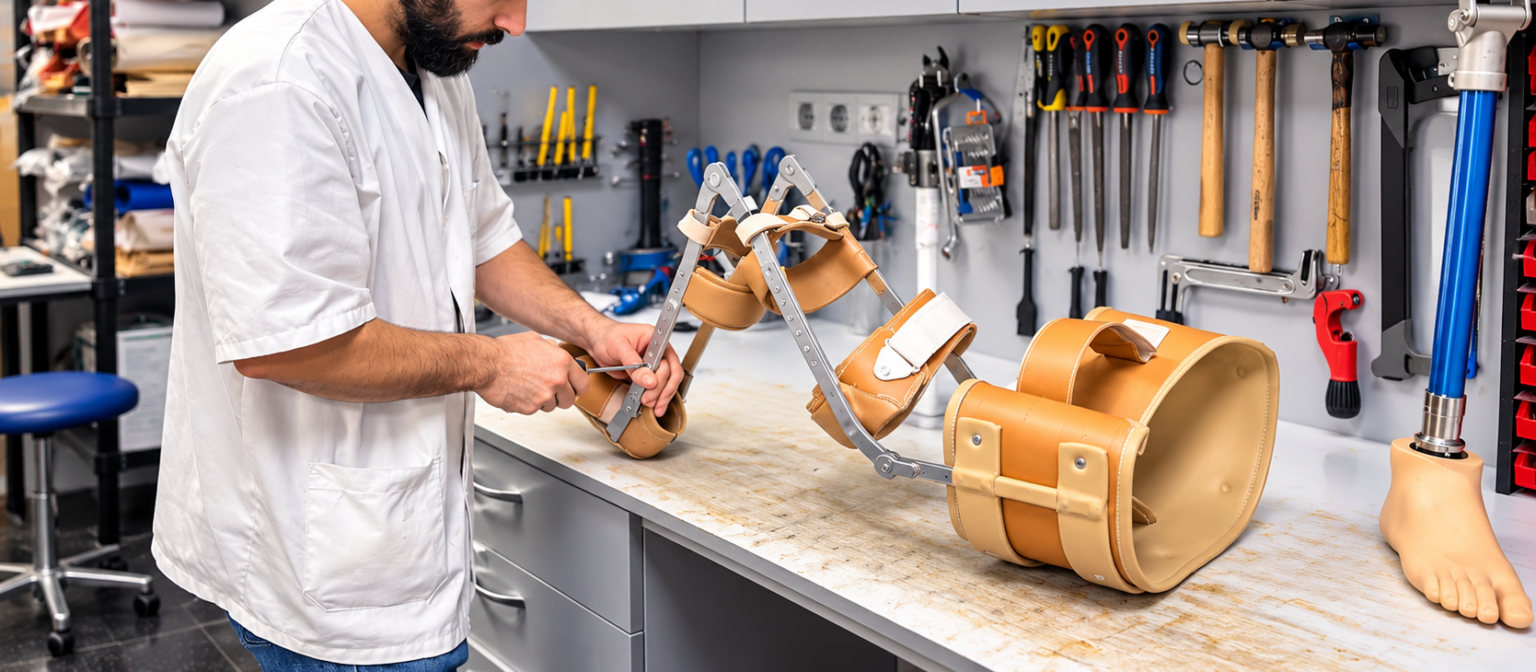 Técnico trabajando en un aparato ortopédico en el taller